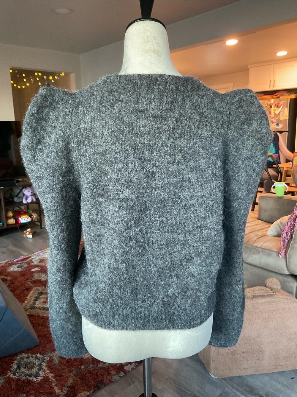 🦙Nation LTD Lara Puff Shoulder V-Neck Baby Alpaca Wool Sweater Medium Gray - Picture 2 of 7